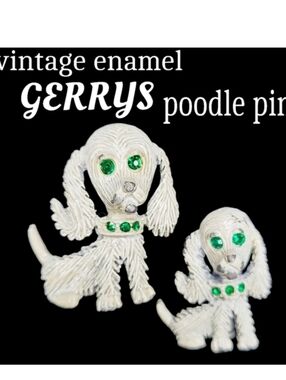 2 Vintage Brooch Set Gerrys Enamel Poodle With Faux Wmerald Eyes Pins